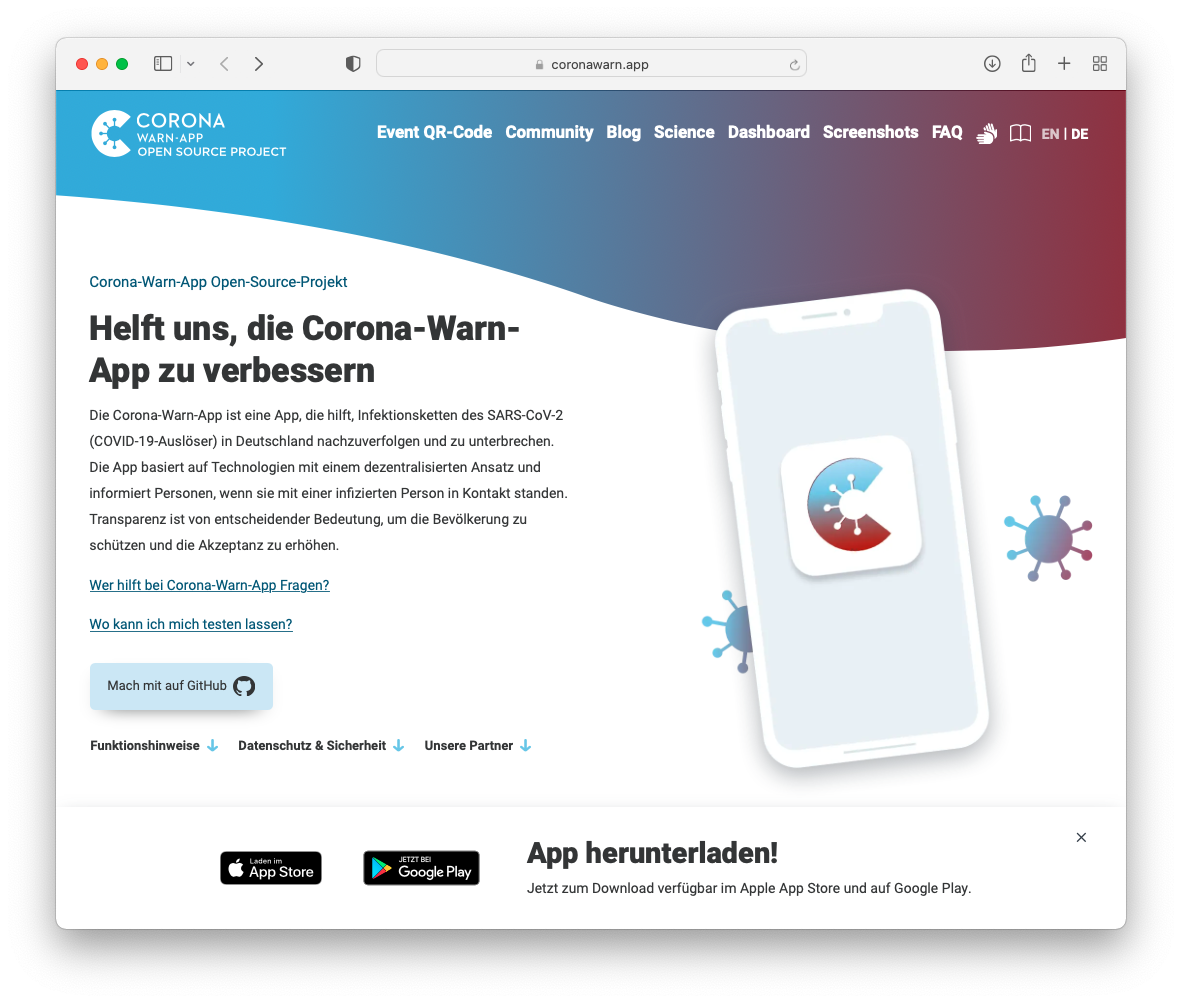 Abb. 1: Die Homepage der Corona-Warn-App-Projektes