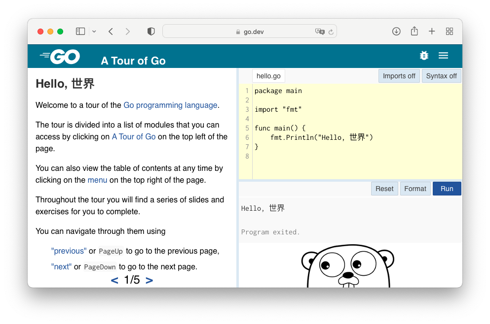 Abbildung 5: „A Tour of Go“, rechts oben eingebunden der Go Playground