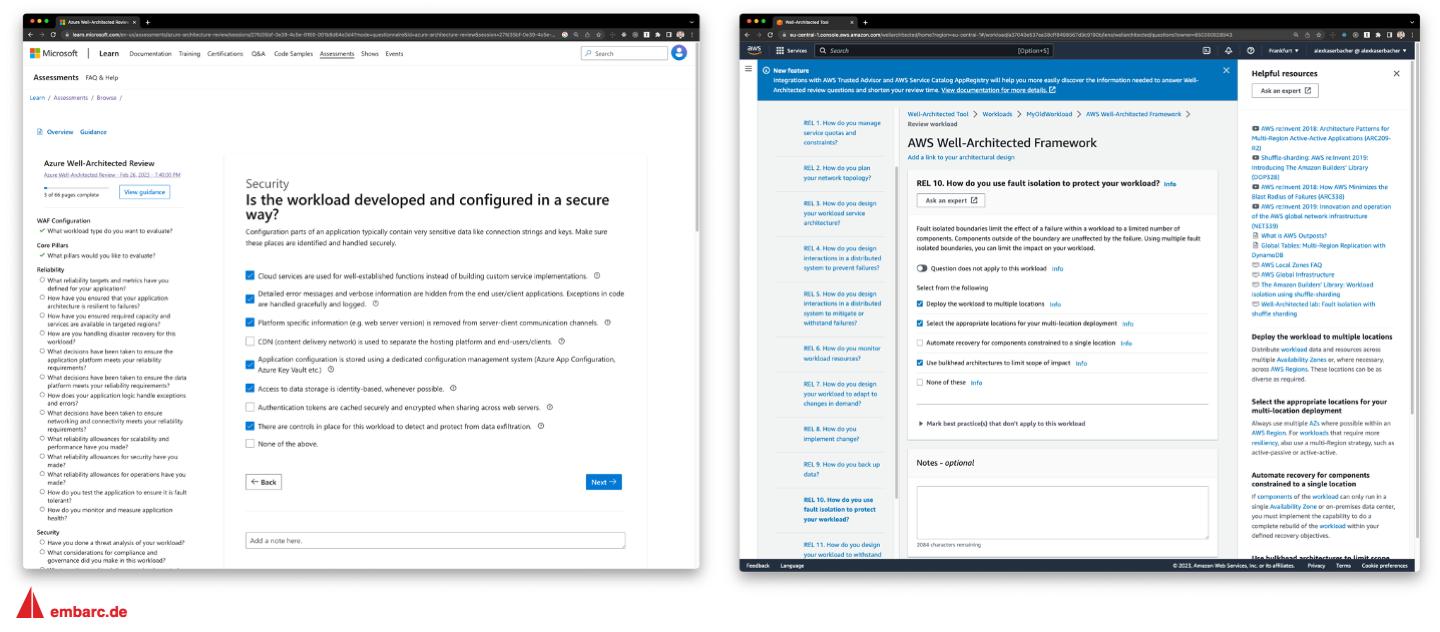 Abb. 4: Das Azure Well-Architected Review Assessment (links) und das AWS Well-Architected Tool (rechts) gegenübergestellt.