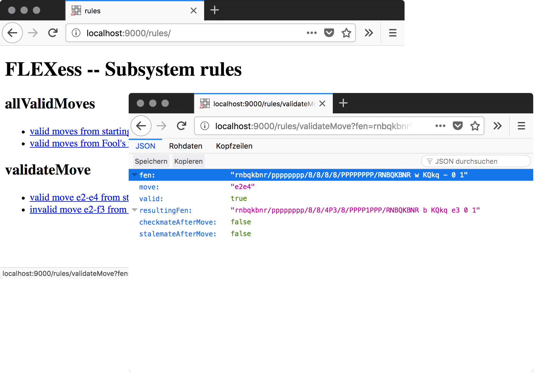 Testseite rules, inkl. Aufruf mit JSON-Ausgabe