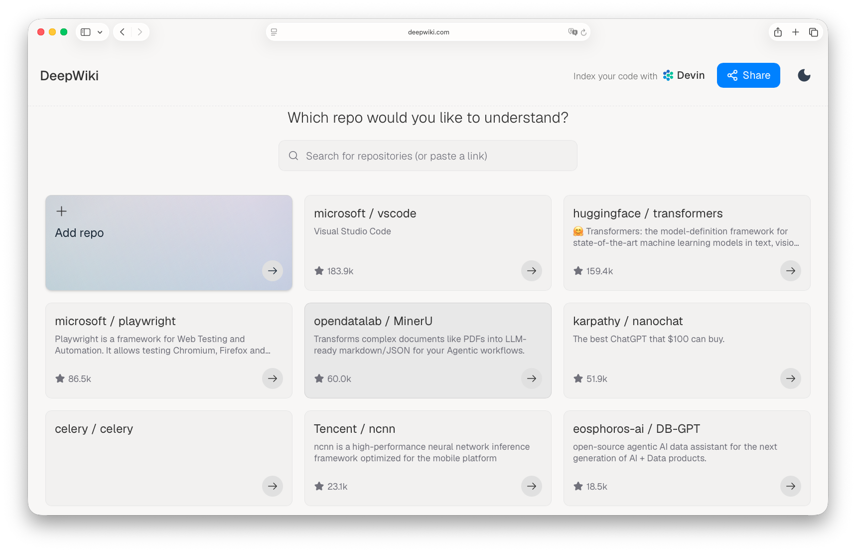 DeepWiki, Startseite