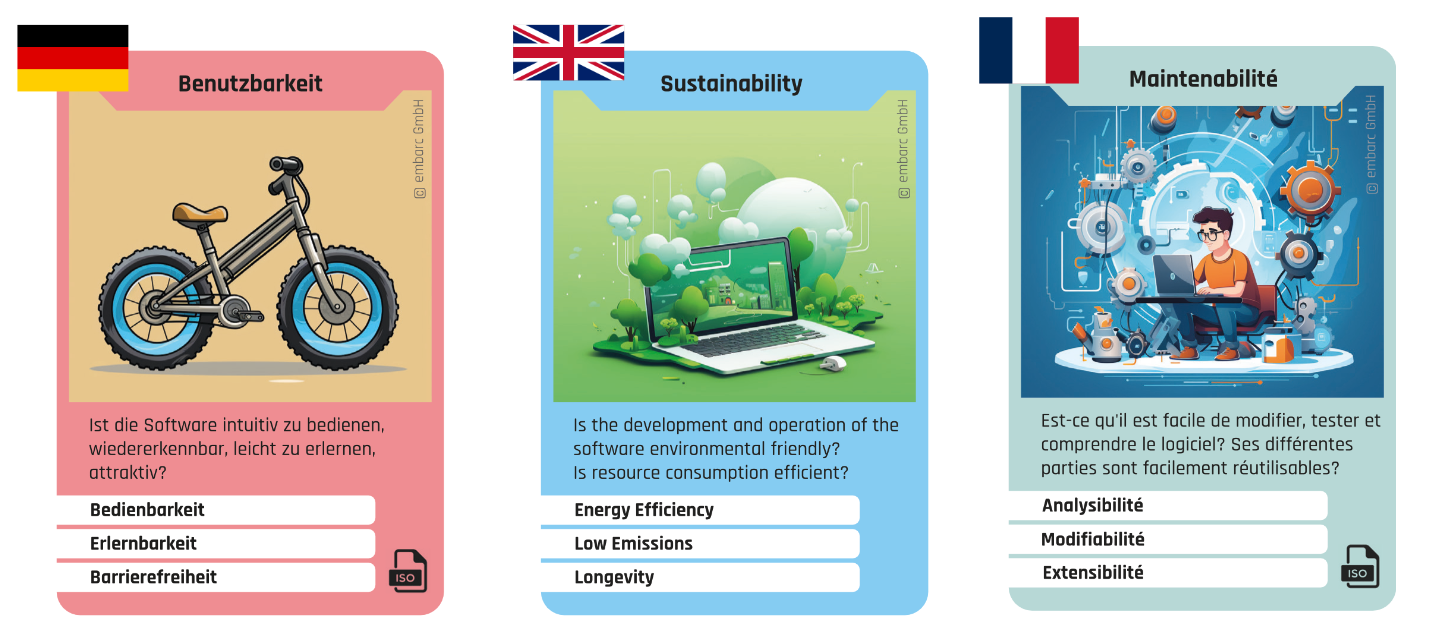 LASR-Karten für Qualitätsmerkmale in drei Sprachen